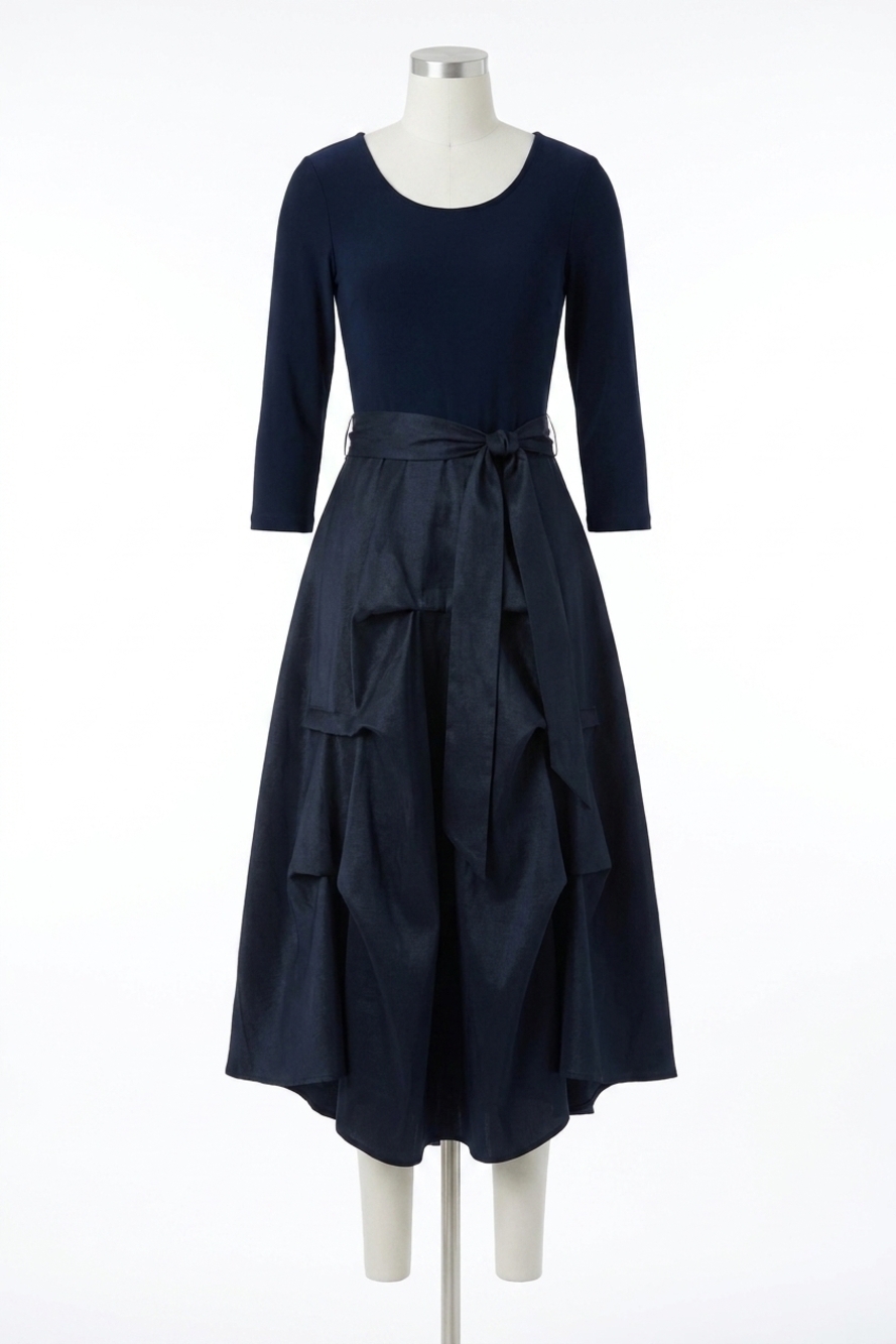 NEW JOSEPH RIBKOFF pleated taffeta midi fit and flare dress in midnight blue